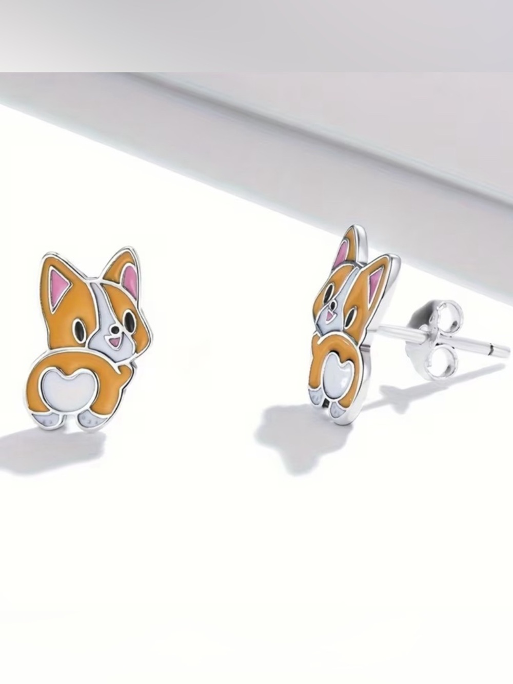 Cute Corgi Heart Back Enamel Stud Earrings - Orange & White - Picture 3 of 4